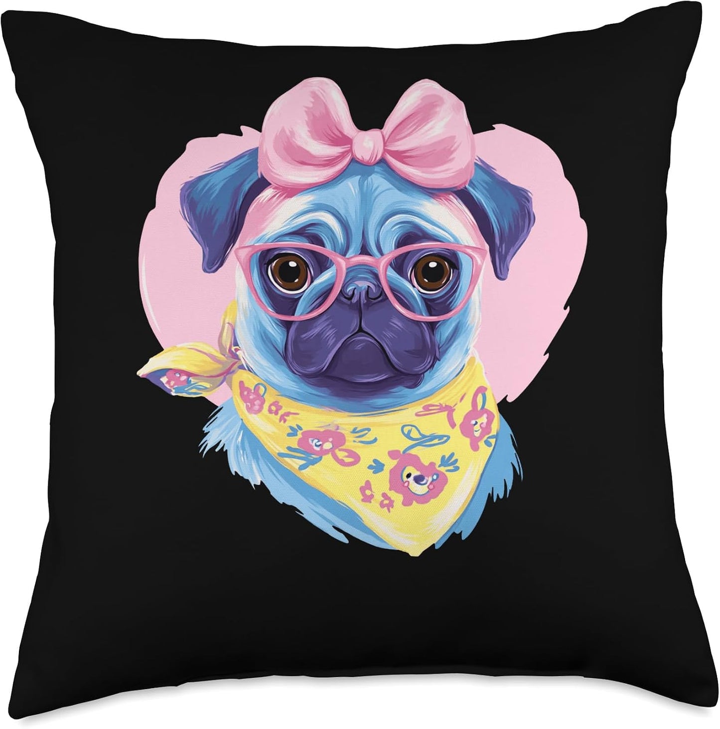 Blue Pug Portrait Dog Lover Graphic Pink Glasses Bow Yellow Throw Pillow