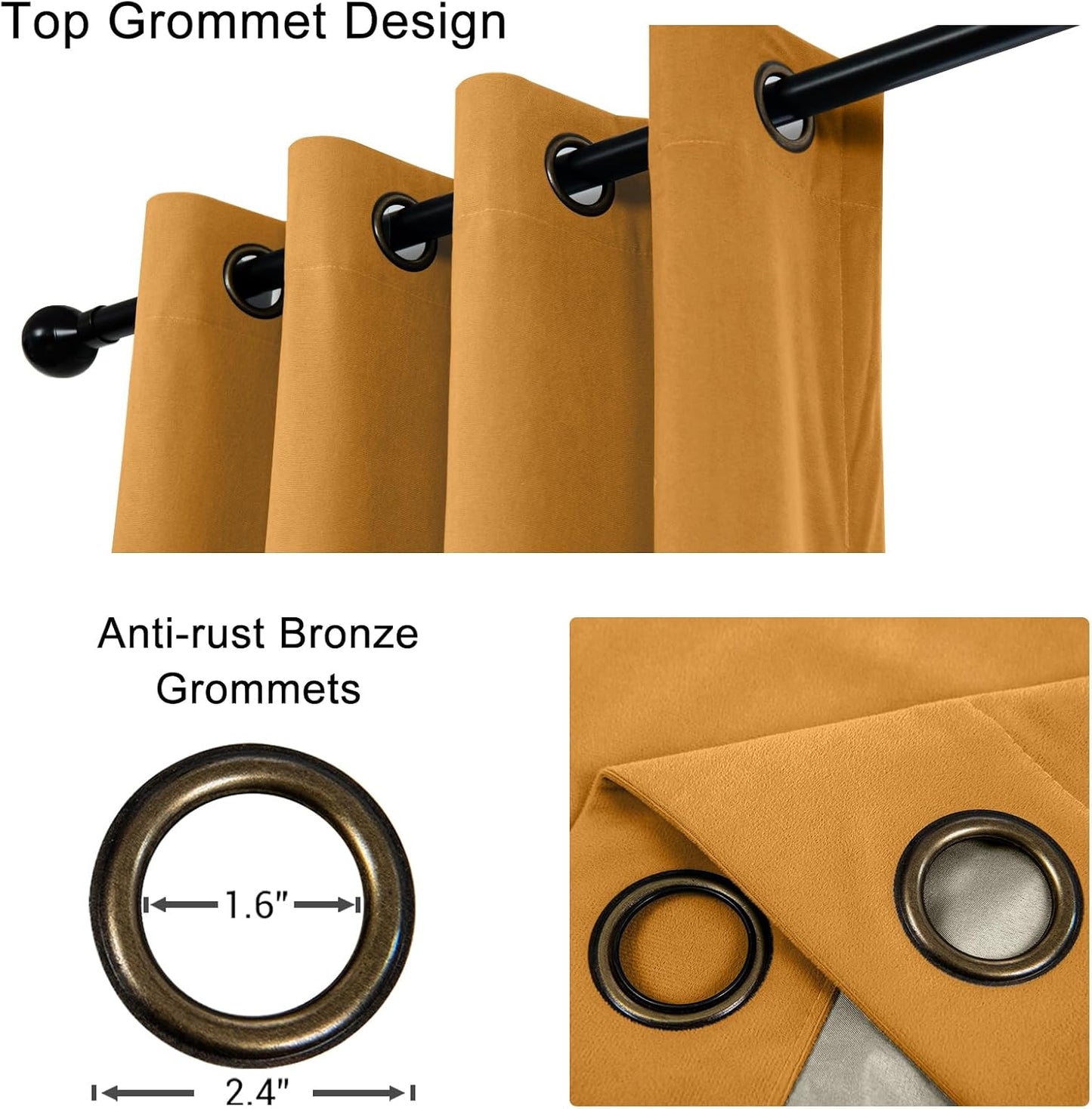 100% Full Blackout Velvet Curtains with Liner 63 inch Long 2 Panels for Living Room, Thermal Insulated Energy Saving Room Darkening Grommet Window Drapes for Bedroom, 42x63 Golden Yellow