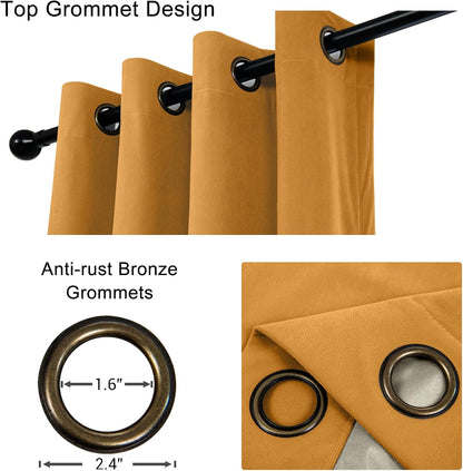 100% Full Blackout Velvet Curtains with Liner 63 inch Long 2 Panels for Living Room, Thermal Insulated Energy Saving Room Darkening Grommet Window Drapes for Bedroom, 42x63 Golden Yellow