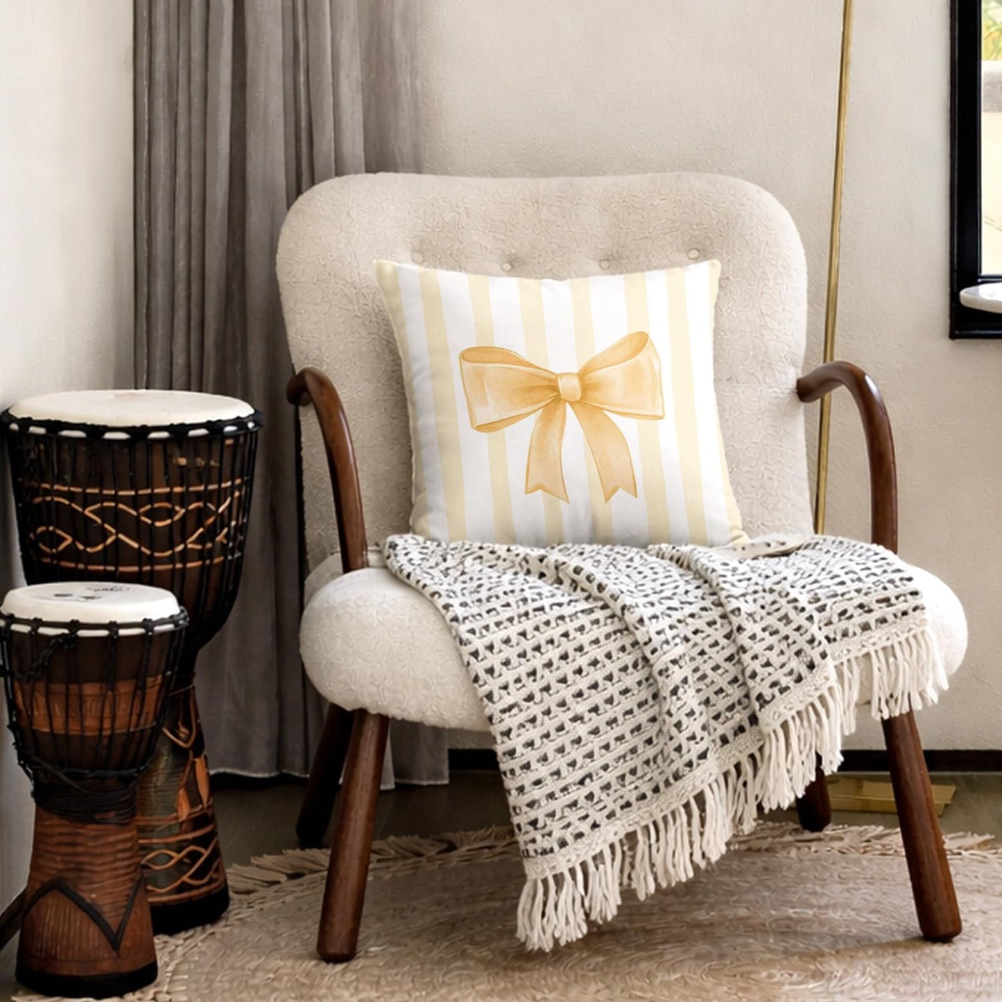 Yellow Bow Decorative Throw Pillow 18x18 Inch – Cute Blush Pink Striped Pillow Cover for Girls Room, Baby Nursery, Sofa or Bedroom Decor