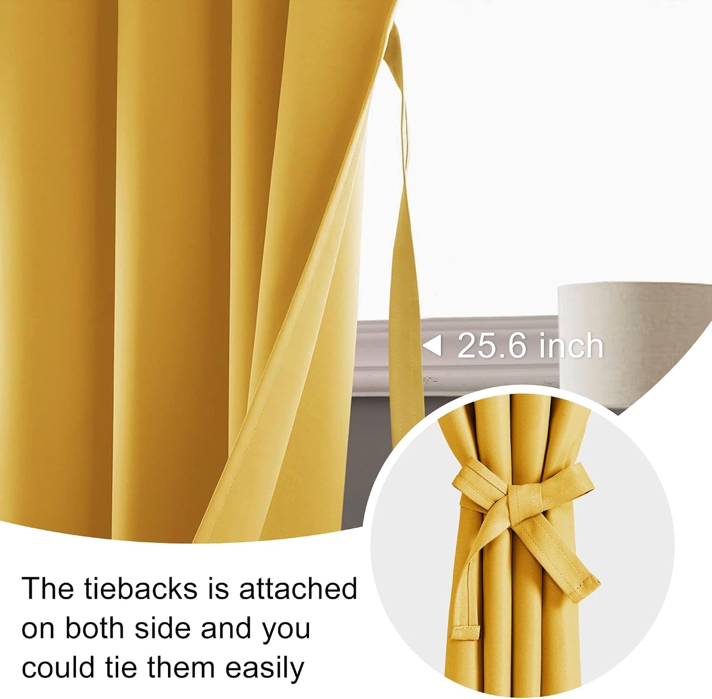JIUZHEN Blackout Curtains for Bedroom/Living Room - Thermal Insulated Light Blocking Curtains, Rod Pocket Curtains with Tiebacks, Room Darkening Curtains, 42 x 63 Inch, 2 Panel, Mustard Yellow