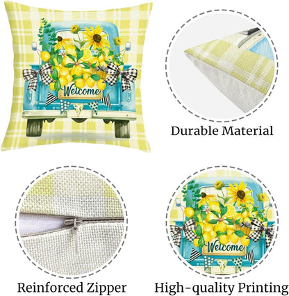 Spring Summer Lemon Throw Pillow Covers 18x18 Inch Set of 4 Hello Sunshine Farmhouse Truck Yellow Plaid Cushion Covers Home Decor for Couch Cushion Cases
