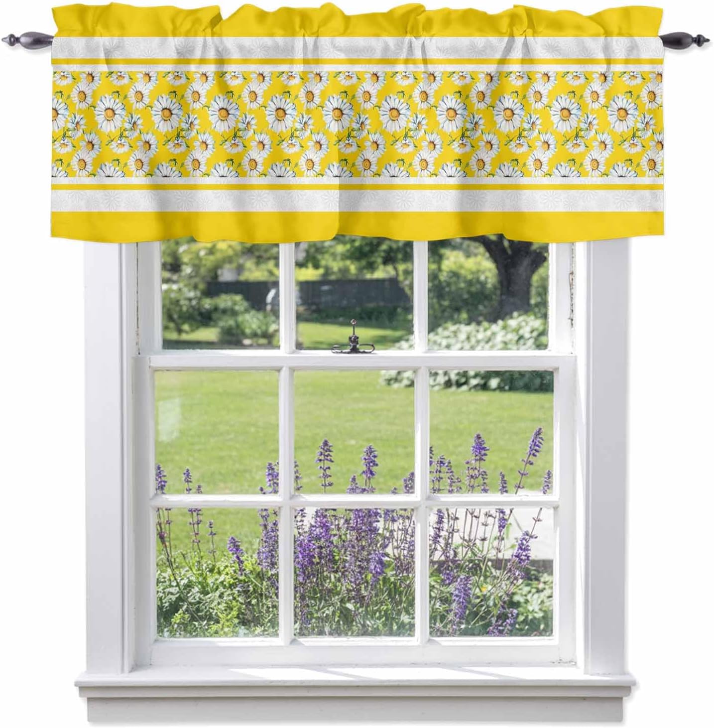 Yellow Daisy Valance Curtains Kitchen Curtain for Windows Valance Farmhouse Floral Yellow Striped Sheer Curtains Privacy Bedroom Curtain Topper for Living Room Home Decor 42x12in