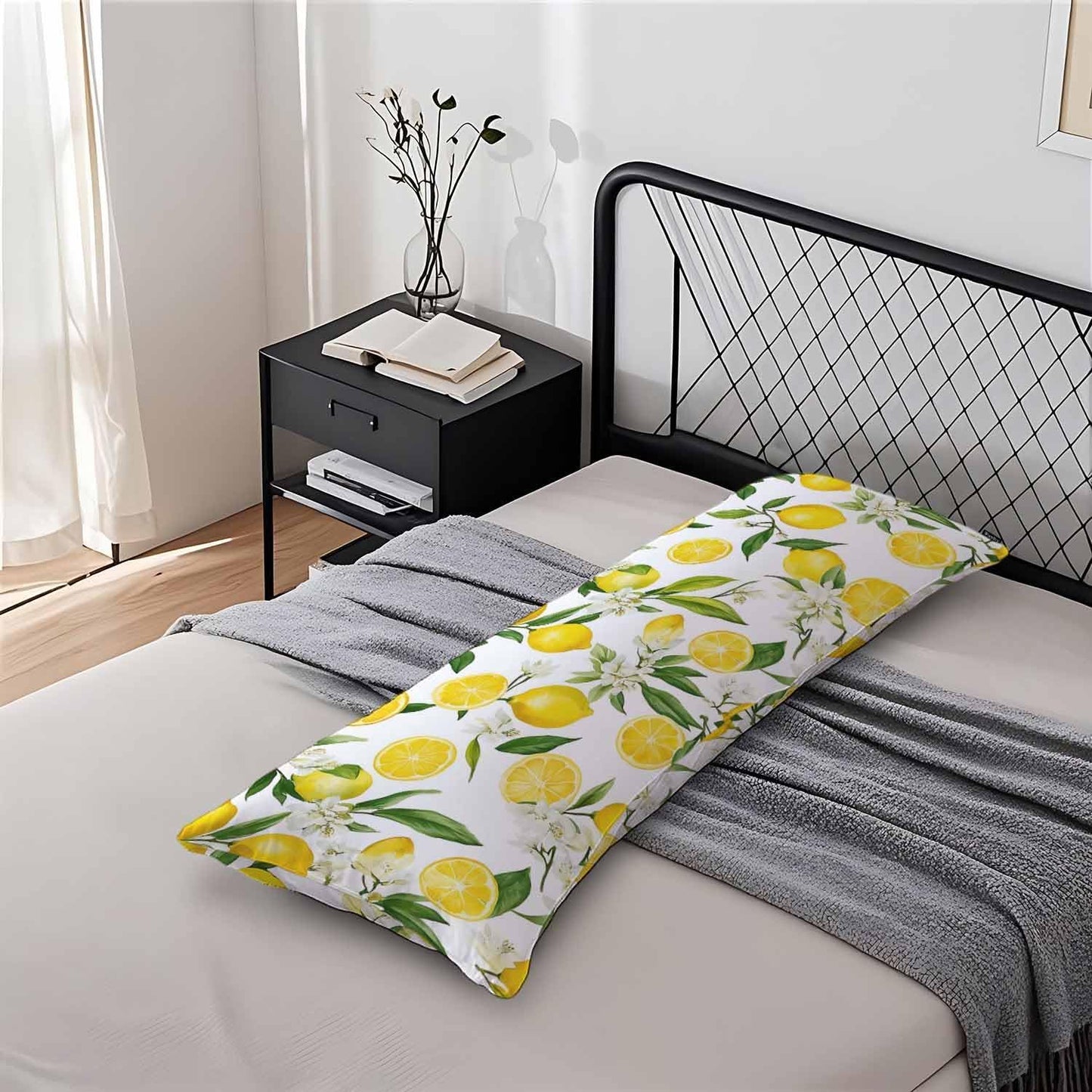 Decorative Home Body Pillow Covers Lemon, Floral Lemon Yellow Breathable Pillow Cushion Cases Lumbar Body Pillow Cover Soft Body Pillowcase for Bedroom Couch Sofa 20x54 Inch
