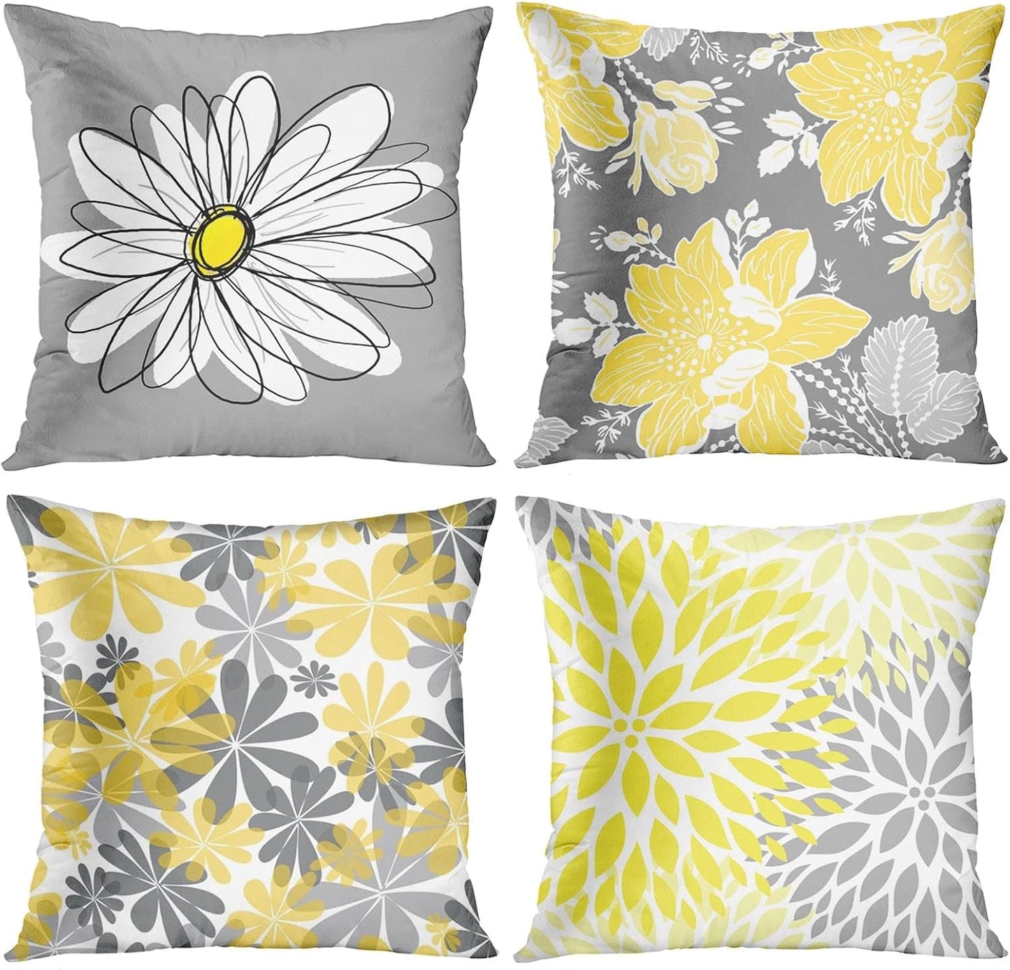 Emvency Set of 4 Throw Pillow Covers Gray and Yellow Modern Daisy with Pretty White Floral Hand Couch Sofa Decorative Pillow Cases Cushion Home Decor Square 18x18 Inches Pillowcases