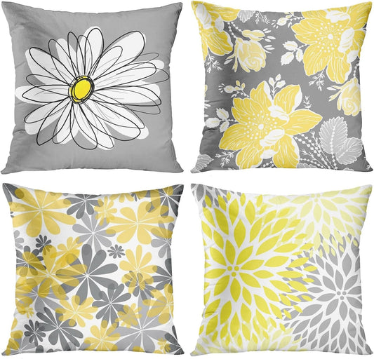 Emvency Set of 4 Throw Pillow Covers Gray and Yellow Modern Daisy with Pretty White Floral Hand Couch Sofa Decorative Pillow Cases Cushion Home Decor Square 18x18 Inches Pillowcases