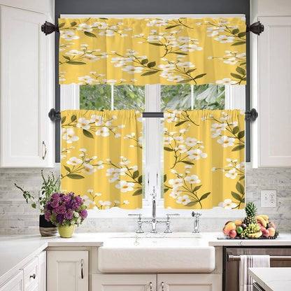 White Flowers On Yellow Blackout Kitchen Curtain, Floral with White Blooms Window Treatment Rod Pocket Light Filtering Bathroom Short Valance 2 Pack 52X18 Inches