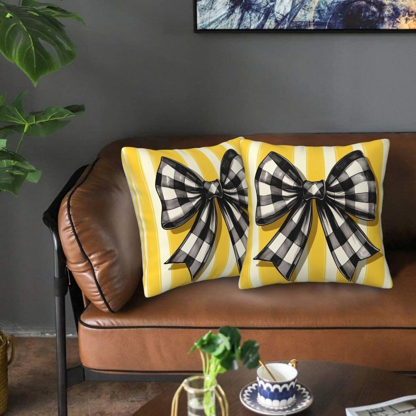 Black White Checkered Bow On Yellow Stripe Throw Pillows Covers, Couch Sofa Pillow Cases,Zipper Bedding Cushion Cases for Living Room,18x18 Inch