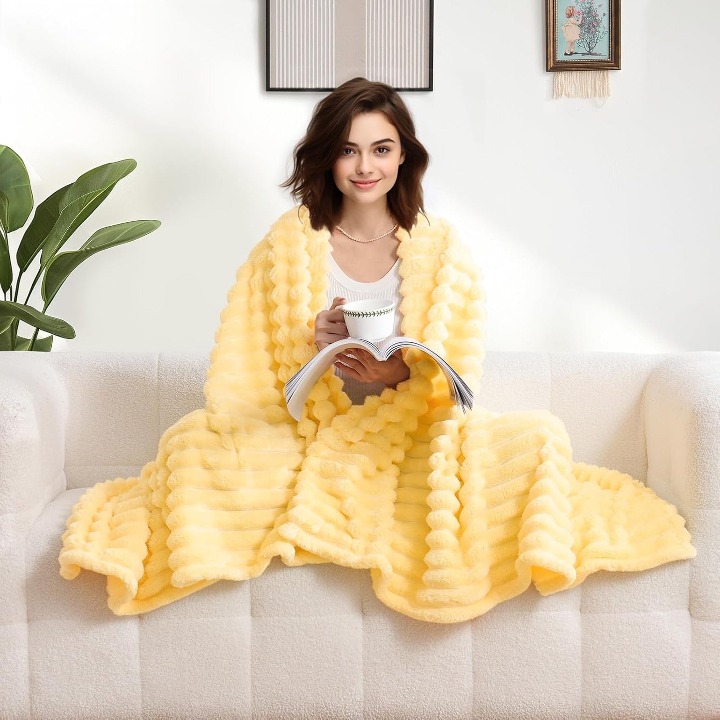 Excervent Solid Striped Flannel Fleece Blanket (50x70 inches, Light Yellow) Cozy Throw Blankets for Couch Sofa and Bed, Super Soft Luxurious Warm Blankets for Household Living Room Bedroom