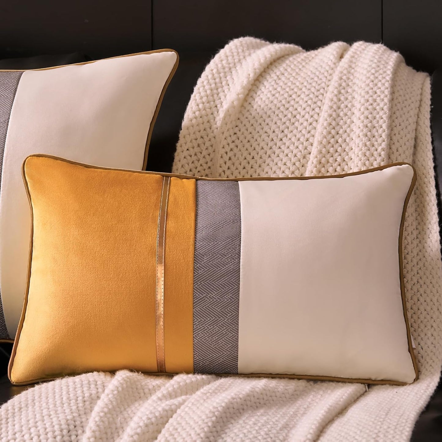 Avigers 12 x 20 Inches Yellow White Gold Leather Striped Patchwork Velvet Cushion Case Luxury Modern Throw Pillow Cover Decorative Pillow for Couch Living Room Bedroom Car