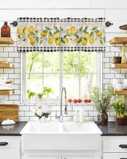 Valances for Window Semi Sheer Valance Light Filtering Small Window Curtains Art Farm Summer Yellow Lemon Black White Plaid Curtain for Living Room Bathroom 60"x18"
