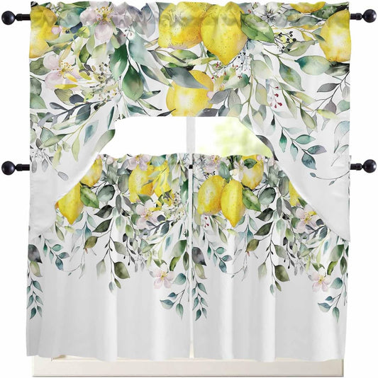 Kitchen Curtains Sets 24 Inch Length with Valance, Lemon Floral Nature Design Swag Valances for Windows and Tiers Curtain Set, Light Filtering Rod Pocket Drapes for Living Room, Cafes