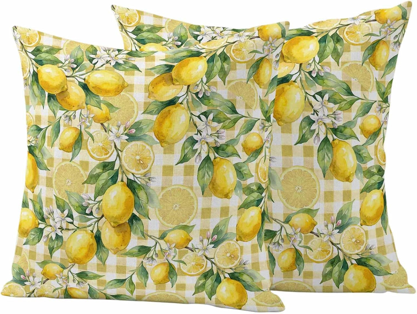Outdoor Pillow Covers 18x18 Pack of 2, Summer Lemon Country Leaves Decorative Pillow Cover Waterproof Pillowcase, Yellow White Buffalo Check Farmhouse Cushion Covers for Garden Patio Sofa Couch Bench
