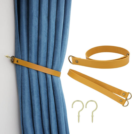 Leather Curtain Tiebacks Vintage Style Curtain Tie Backs Leather Curtain Rod Holder Curtain Buckle for Home Offic Living Room Bedroom 2 Pcs (Yellow, Narrow)