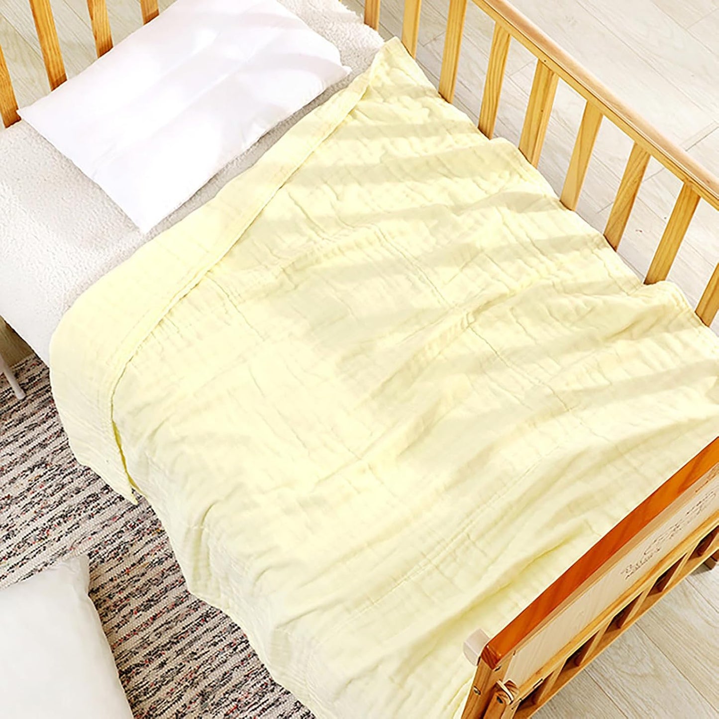 Aablexema Baby Muslin Bath Towels - Set of 2 Large Size 43X43 Inches Swaddle Blanket for Newborn Toddlers Boys Girls (White & Yellow)
