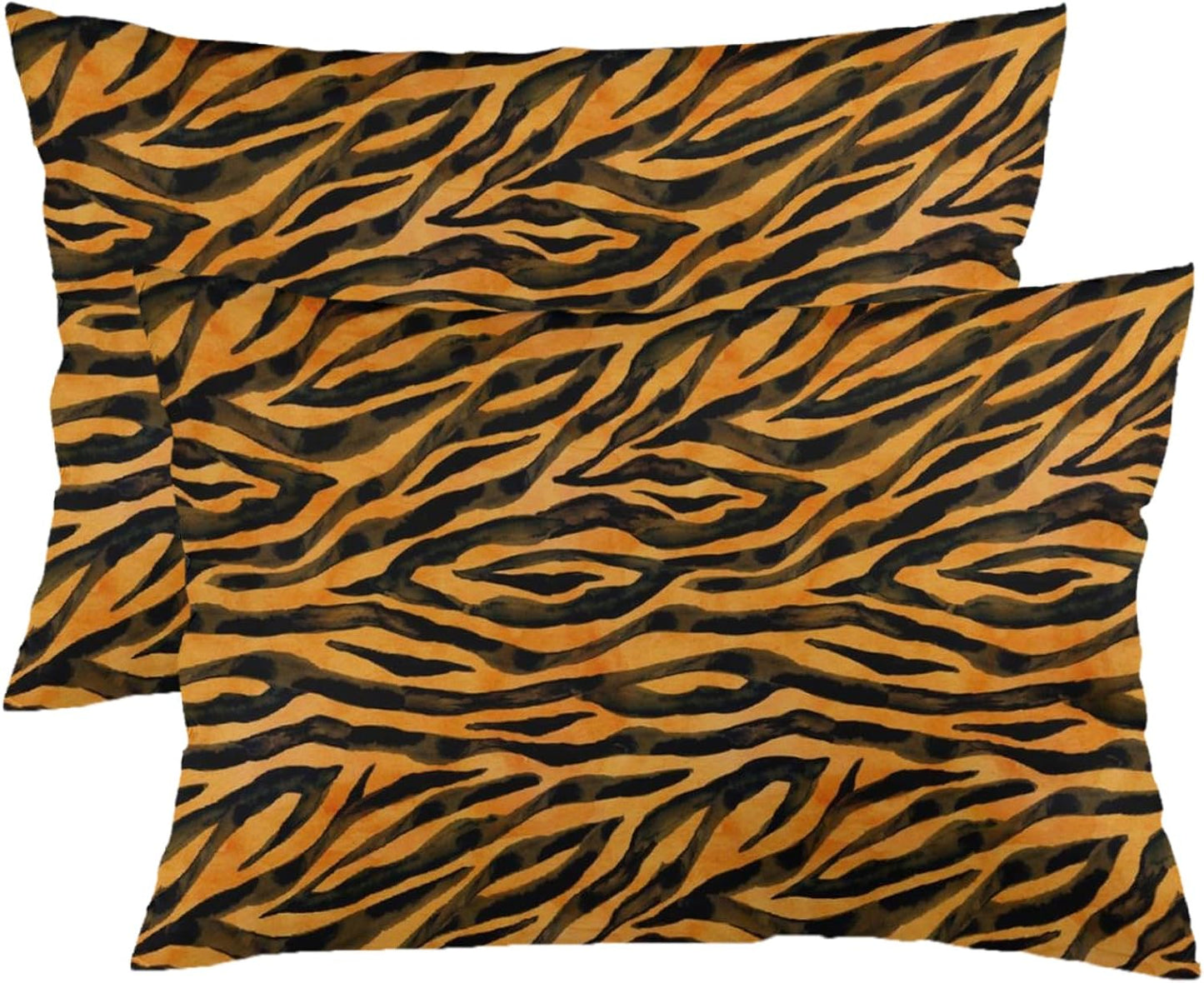 Throw Pillow Covers Queen Size Set of 2 Tiger Fur Cushion Case Black Yellow Orange Brown Stripe Wildlife Pillowcase Animal Skin Pattern Standard Pillow Cover for Bed Sofa 20x30 Inch