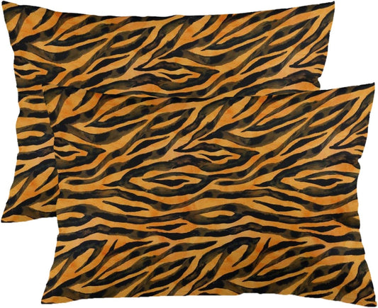 Throw Pillow Covers Queen Size Set of 2 Tiger Fur Cushion Case Black Yellow Orange Brown Stripe Wildlife Pillowcase Animal Skin Pattern Standard Pillow Cover for Bed Sofa 20x30 Inch