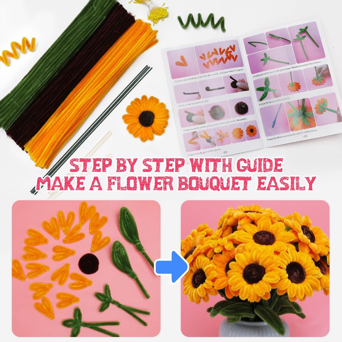 Pipe Cleaners, 200pcs Golden Yellow for Sunflowers, Flower Making Pipe Cleaners, Arts and Craft Supplies, Ideas for Art Project Activity.