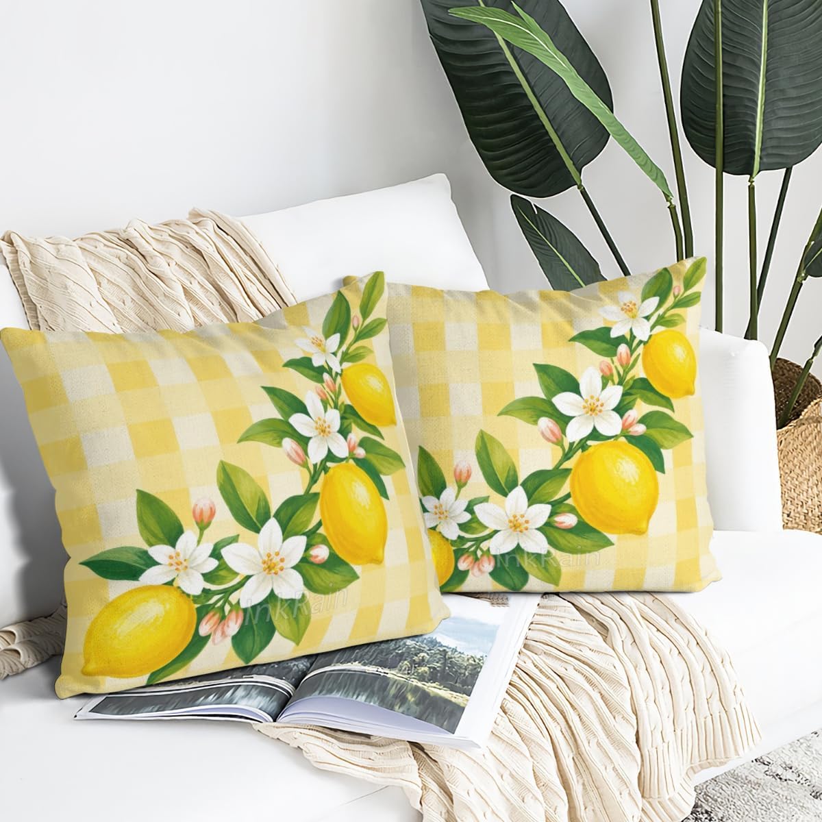 InkRain Lemon Fruit Branch White Blossom Yellow Gingham Check Pattern Pillow Cover 12x12 Inch Set of 2 Home Decor Summer Spring Kitchen Living House Room Sofa Decorative