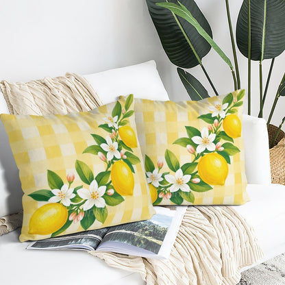 InkRain Lemon Fruit Branch White Blossom Yellow Gingham Check Pattern Pillow Cover 12x12 Inch Set of 2 Home Decor Summer Spring Kitchen Living House Room Sofa Decorative