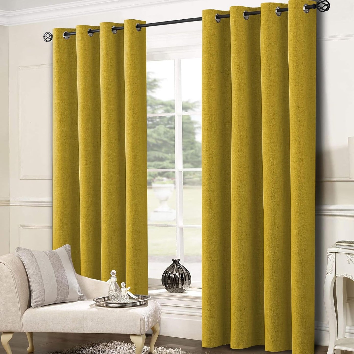 SimpleHome Mustard Yellow Linen Curtains for Bedroom 90 Inch Long 2 Panel Set,100% Blackout Faux Linen Textured Curtains Grommet for Living Room with White Liner Grommet