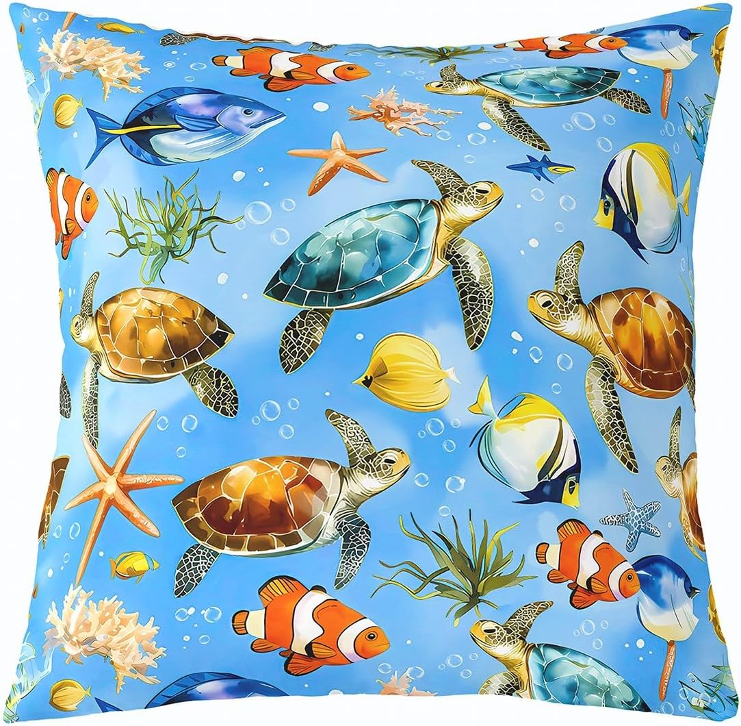 jejeloiu Sea Turtle Cushion Case,Fish Throw Pillow Covers 22"x22" 1Pcs,for Sofa Couch Bed Chair Car Beach Starfish Bedroom Home Decor,Summer Ocean Marine Underwater Animal Pattern