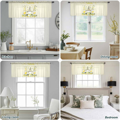 Lemon Dwarf Sheer Valance Curtains, Welcome Green Leaf Summer Yellow Background Light Filtering Kitchen Valances Rod Pocket Voile Curtain Window Treatment for Bedroom/Living Room/Basement 54Wx18L
