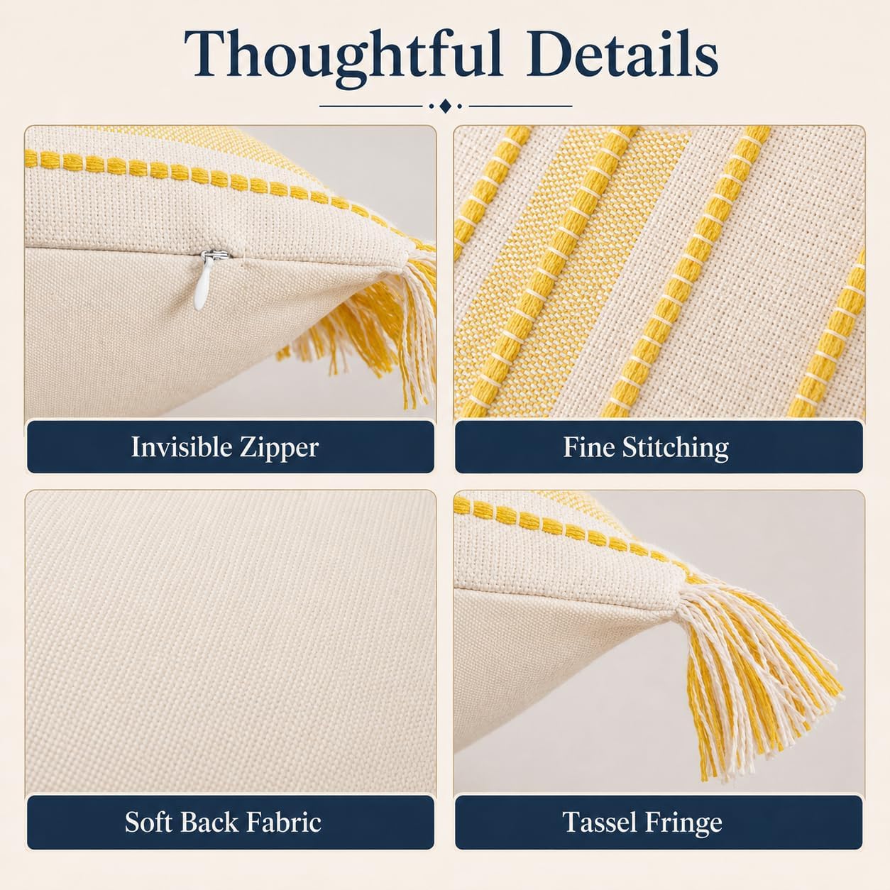 Spring Throw Pillow Covers 20x20 Set of 2, Striped Pillow Covers with Tassel Boho Cushion Cover Cotton Decorative Square Pillowcase for Sofa Couch Bed Living Room Neutral Decor, Yellow