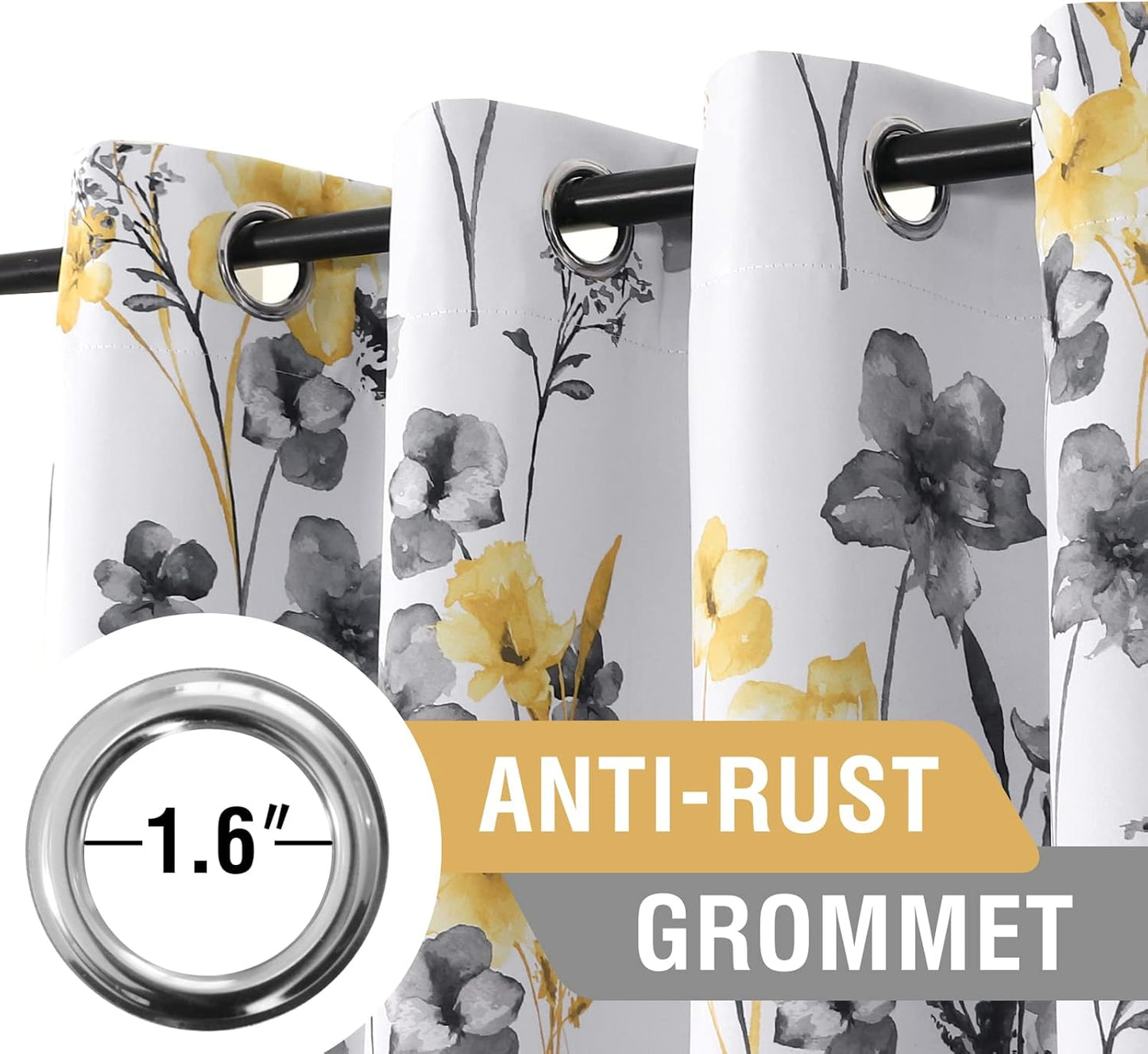 H.VERSAILTEX 100% Blackout Curtains 84 inch Length 2 Panels Set Cattleya Floral Printed Drapes Leah Floral Thermal Curtains for Bedroom with Black Liner Sound Proof Curtains, Grey and Yellow