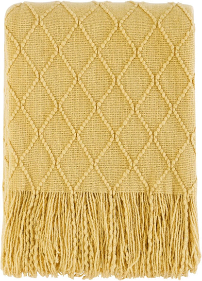 BOURINA Mustard Throw Blanket 50x60 Inches Throw Textured Solid Soft Sofa Couch Decorative Knit Blanket