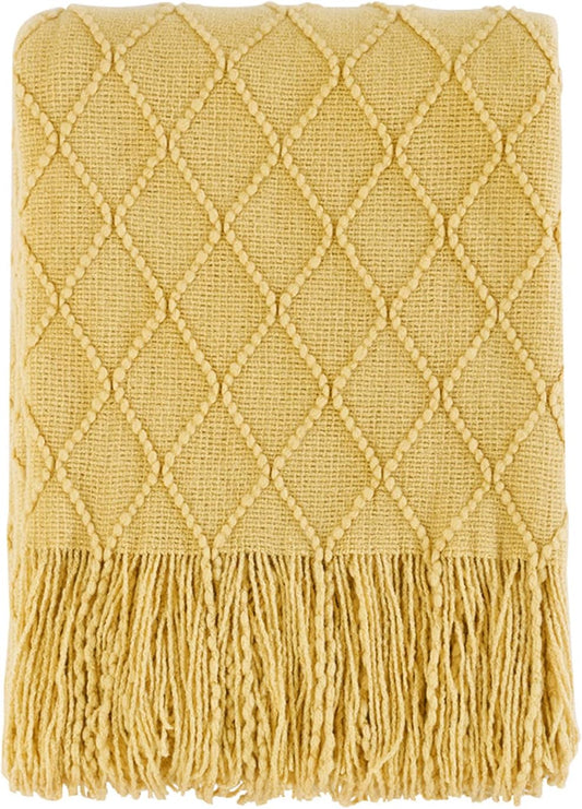 BOURINA Mustard Throw Blanket 50x60 Inches Throw Textured Solid Soft Sofa Couch Decorative Knit Blanket
