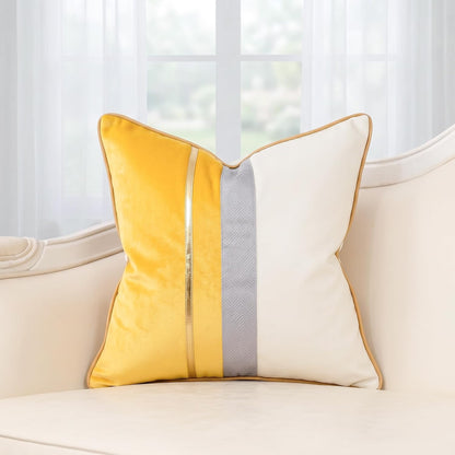 PANOD Patchwork Yellow Silk-Like Velvet Throw Pillow Cover with Gold Striped Leather Cushion Case Modern Luxury Square Pillowcase for Sofa Couch Bedroom Living Room Home,16x16 inch