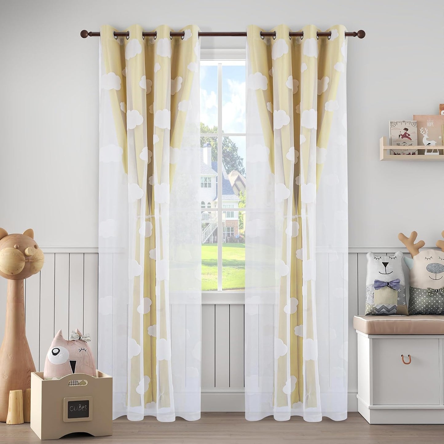 Yellow Blackout Curtains for Nursery Double Layer Curtains with Cute Cloud Pattern Sheer Overlay Grommet Room Darkening Drapes for Kids Room 2 Panels Set, W52 X L84