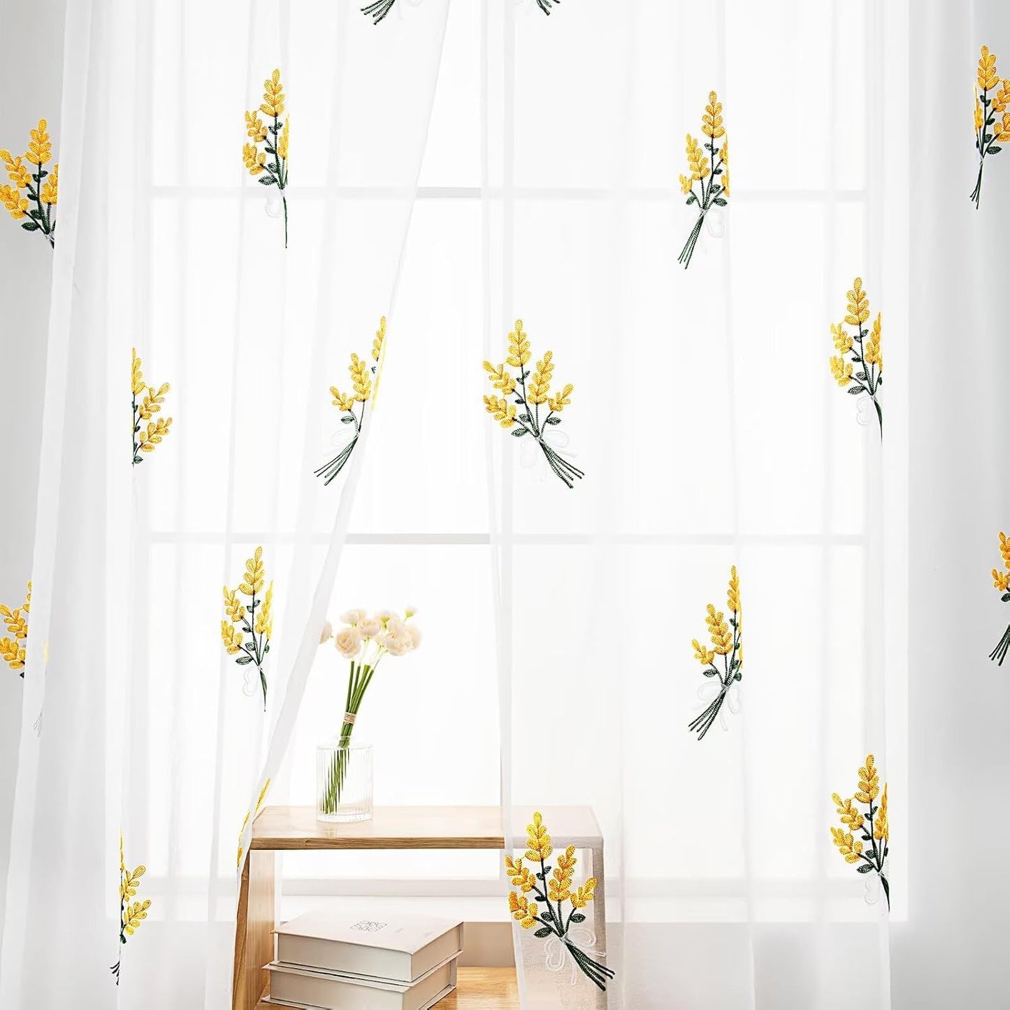 Floral Sheer Curtains Embroidered Lavender Patterned Semi-Sheer Curtain 84 Inches Long 2 Panels Rod Pocket Spring Voile Drapes for Living Room, Bedroom(W52 x L84 Inch, White&Yellow)