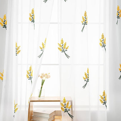 Floral Sheer Curtains Embroidered Lavender Patterned Semi-Sheer Curtain 84 Inches Long 2 Panels Rod Pocket Spring Voile Drapes for Living Room, Bedroom(W52 x L84 Inch, White&Yellow)