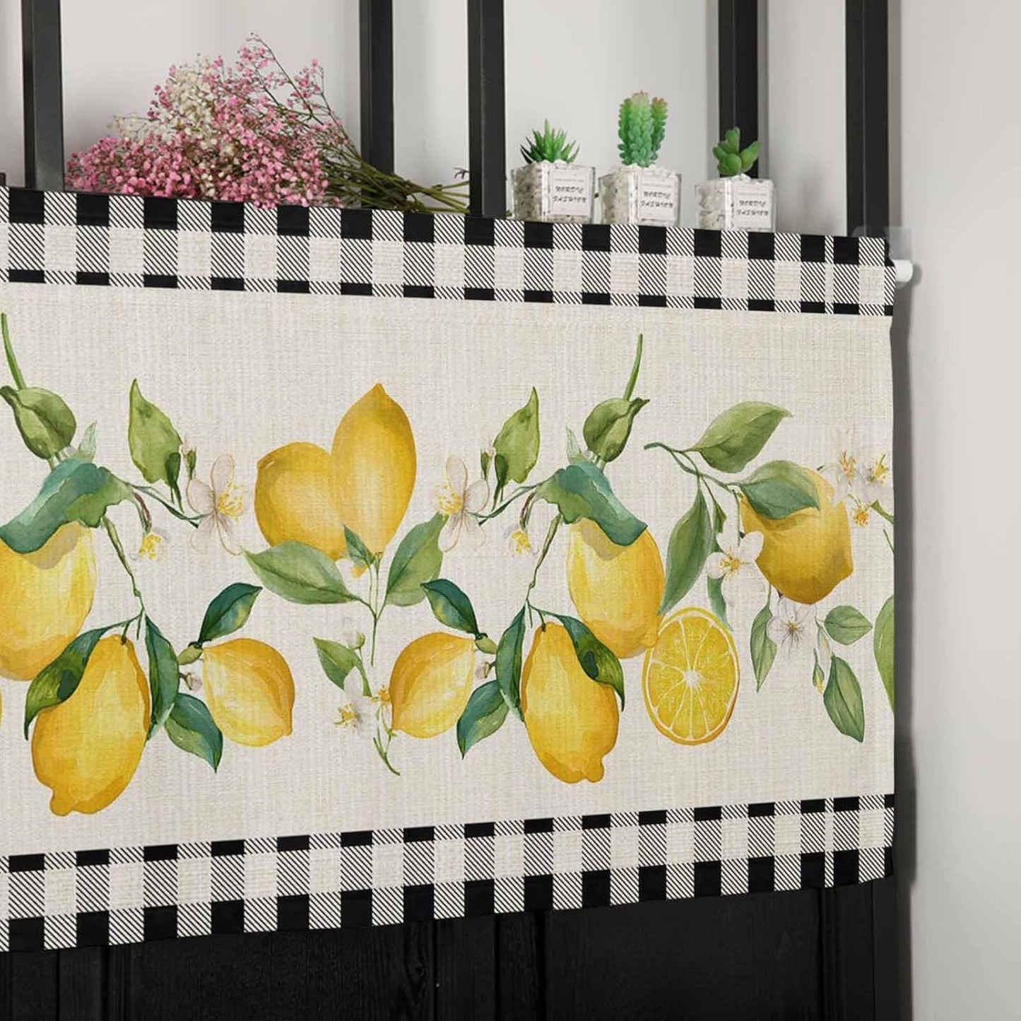 Valances for Window Semi Sheer Valance Light Filtering Small Window Curtains Art Farm Summer Yellow Lemon Black White Plaid Curtain for Living Room Bathroom 60"x18"