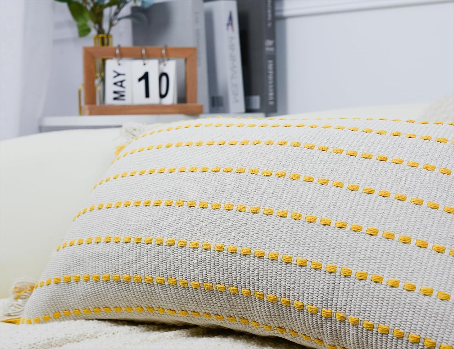 Decorative Farmhouse Fringed Long Lumbar Throw Pillow Cover 12 x 26,Clasic Striped Textured Cotton Boho Decor Long Lumbar Pillow Cover Pillow Case for Sofa Couch Bed,Yellow and Off White