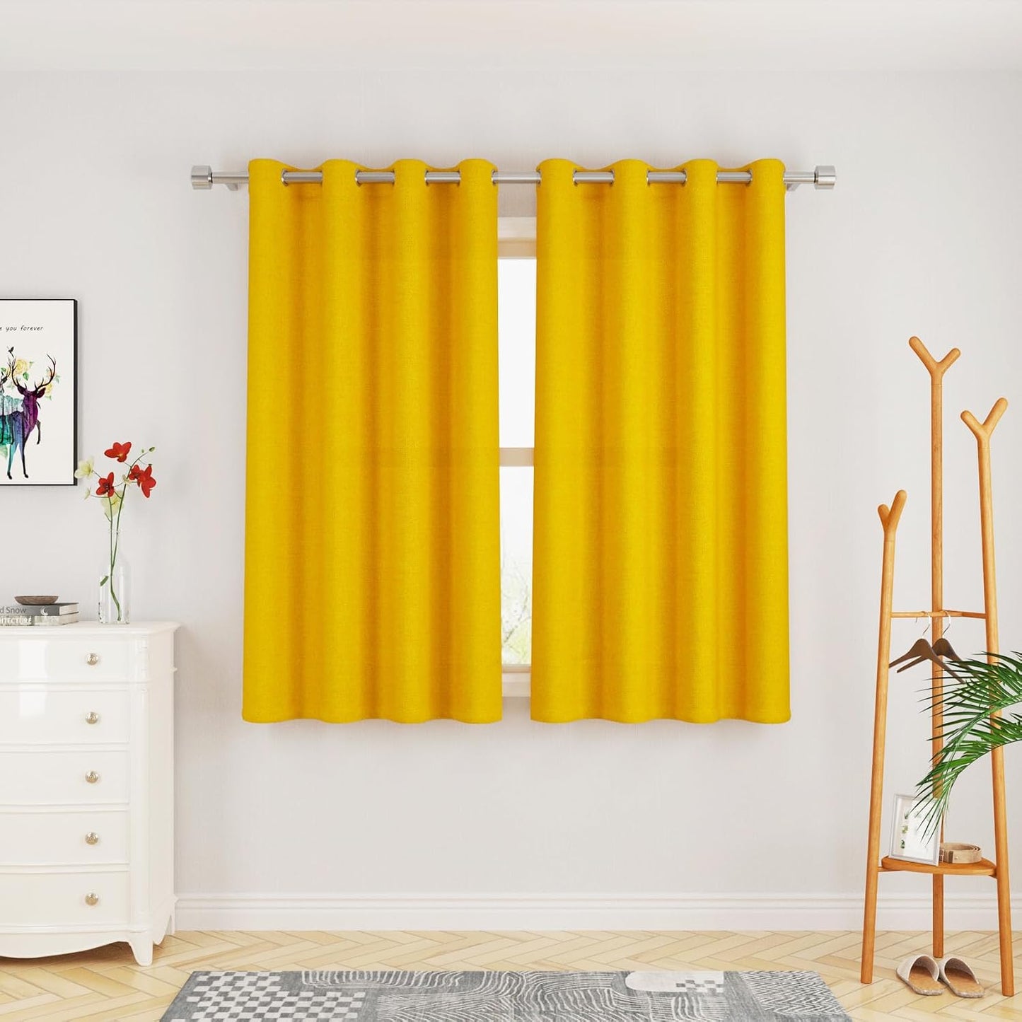 UPOPO Yellow Curtains Kitchen Privacy Semi Sheer Linen Textured 54 inch Length Living Room Bedroom Drapes Basement Window Treatment Curtain 2 Panels Grommet Top