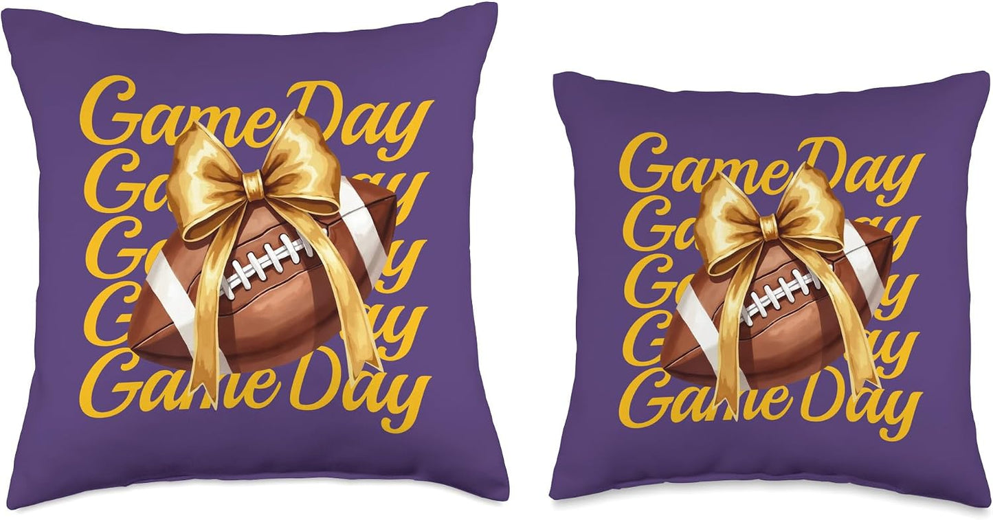 Fall Football Mom Retro Purple Yellow Game Day Croquette Bow Throw Pillow