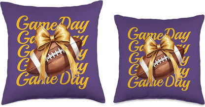 Fall Football Mom Retro Purple Yellow Game Day Croquette Bow Throw Pillow