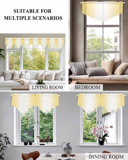 Beaded Sheer Valance Curtains for Living Room 52"x24", Ombre Abstract Gradient Lemon Yellow and White Rod Pocket Waterfall Valances for Windows Kitchen/Bathroom/Bedroom