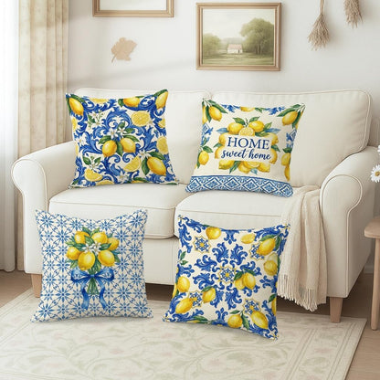 Lemon Throw Pillow Covers Set of 4, Mediterranean Traditional Floral Blue Swirls Summer Yellow Soft Velvet Washable Cushion Covers Pillow for Living Room Bedroom Loft Office Car Decor 16x16 Inch