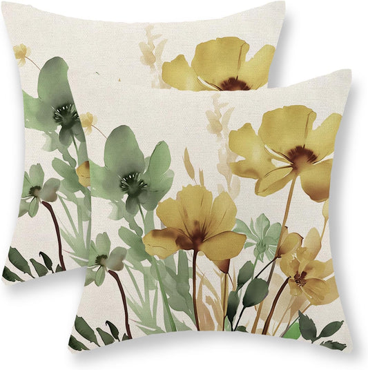 Floral Pillow Covers 18x18 Set of 2 Yellow Sage Green Throw Pillows Vintage Spring Flowers Seasonal Decorative Summer Outdoor Pillow Cases Farmhouse Linen Cushion Cover for Couch Home Decor