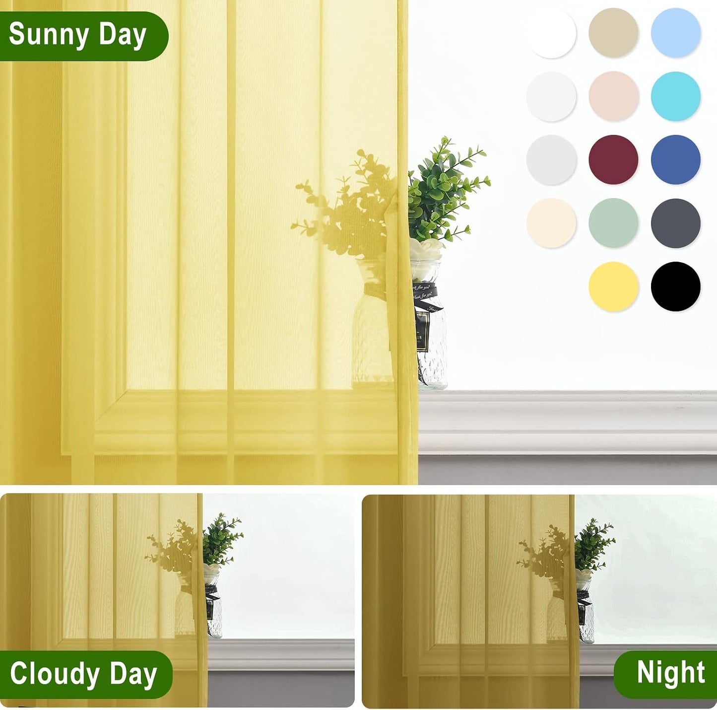 Hiasan Sheer Curtains for Bedroom with Tiebacks, Rod Pocket Light Filtering Lightweight Voile Window Curtains for Living Room, Kids' Room and Kitchen, Yellow, W52 x L45, Set of 2 Soft Drape Panels