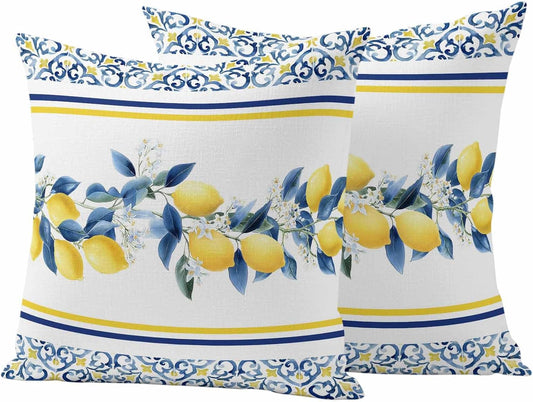 Summer Lemon Outdoor Pillow Covers Pack of 2 Lemon Flower Mediterranean Waterproof Garden Farmhouse Cushion Cases Decorative for Patio Furniture Balcony Couch Sofa 20 x 20 Inch