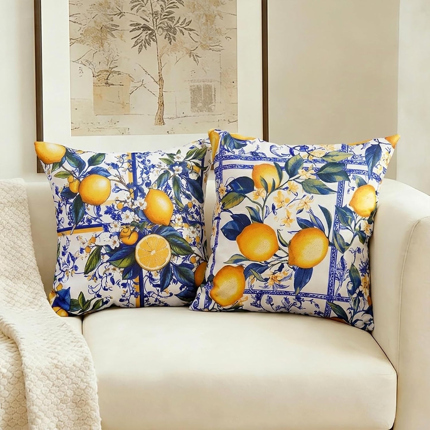 ONWAY Lemon Summer Outdoor Pillow Covers 18x18 Inch Set of 2 Italian Boho Chinoiserie Style Farmhouse Decorative Patio Waterproof Cushion Case for Sofa Couch Home Decor