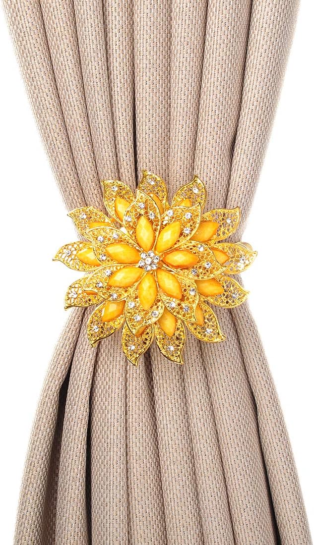 SUQ I OME Classic Luxury Big Crystal Magnetic Curtain Tieback and Holdback Flower Curtain Clips Buckle Curtain Holder Curtain Holdbacks(Gold+Yellow,2PCS)