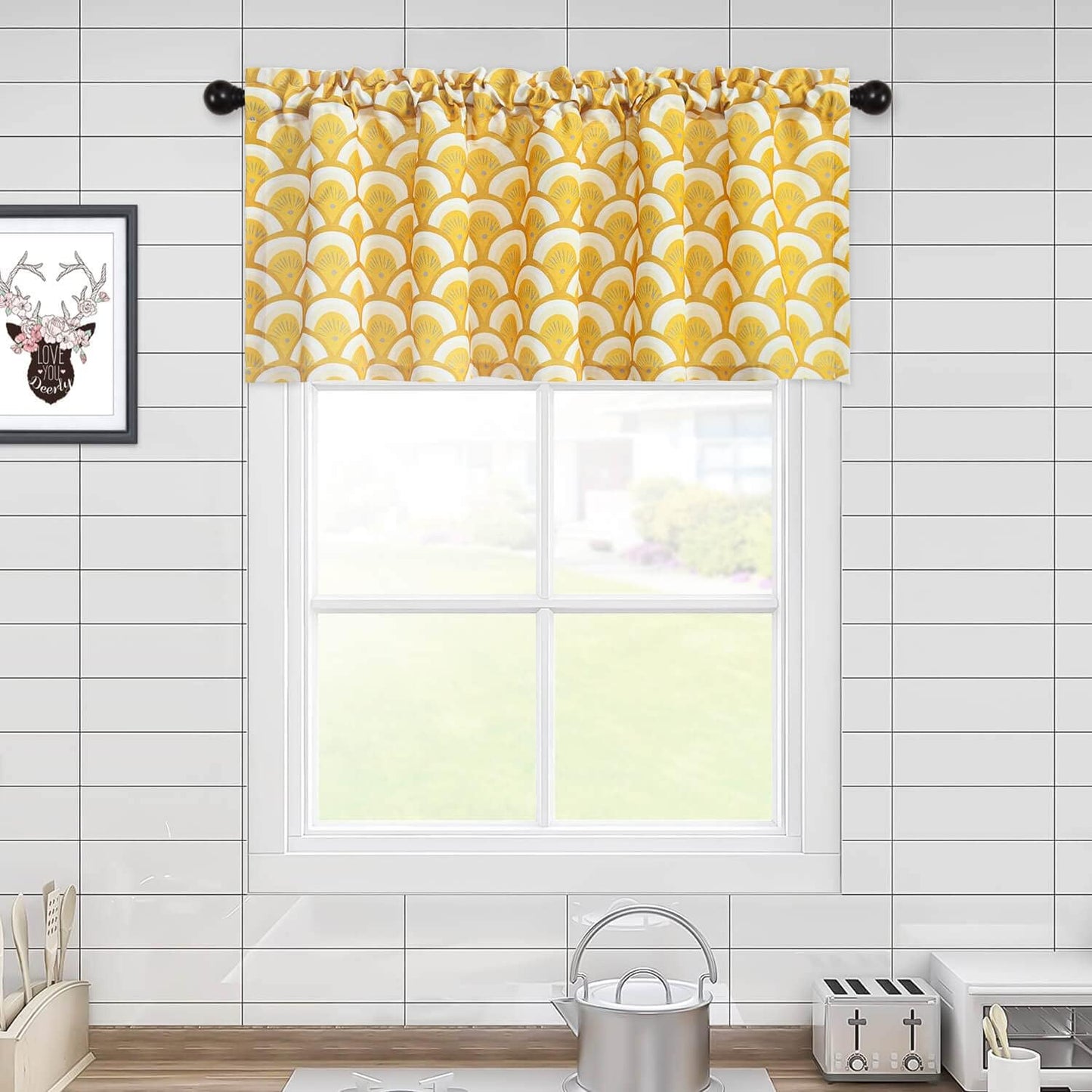 VOGOL Boho Curtain Valances, Country Rustic Yellow Geometric Printed Window Topper Treatment, Rod Pocket Short Drapes for Kitchen Living Room Cafe, 52 x 18