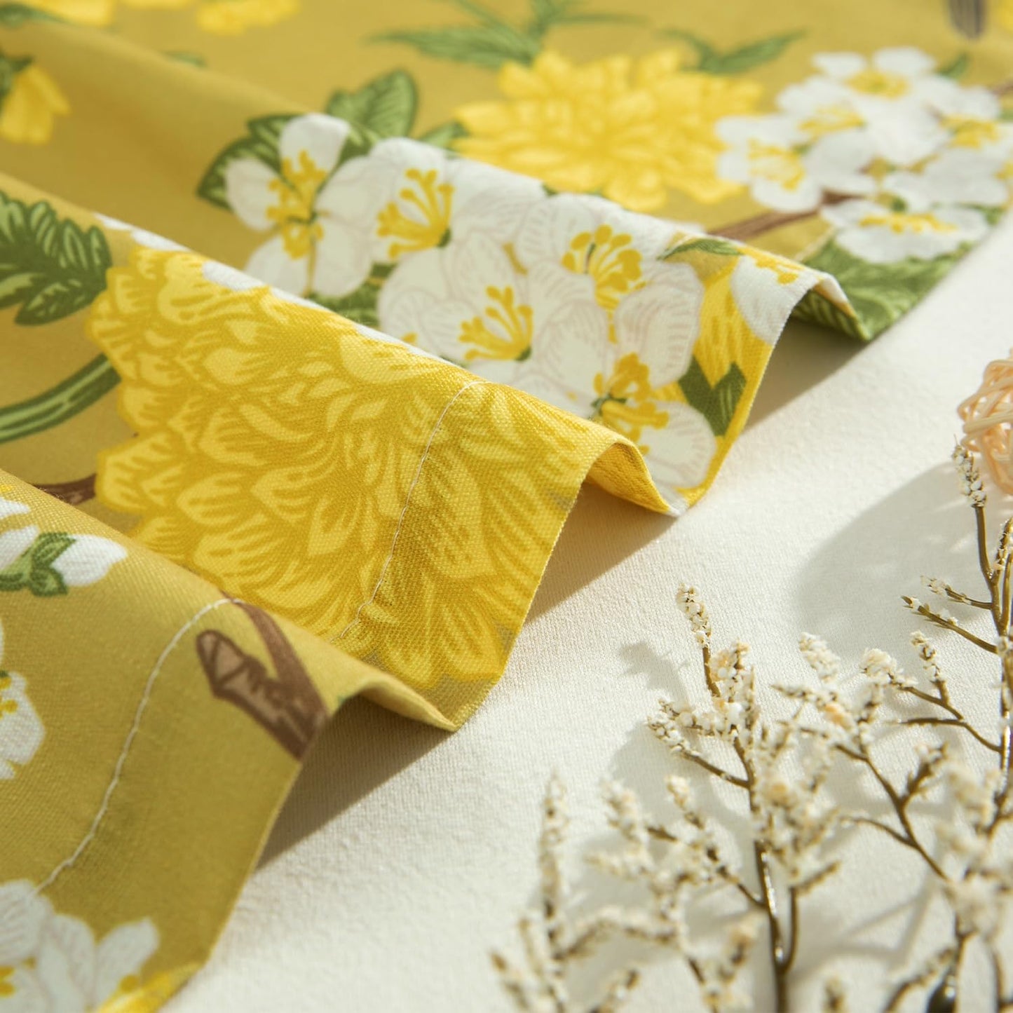Leeva Farmhouse Style Yellow Floral Valance Curtains, 52x18 Rod Pocket Window Treatment for Kitchen Living Room Bedroom, Linen Textured Bird Print