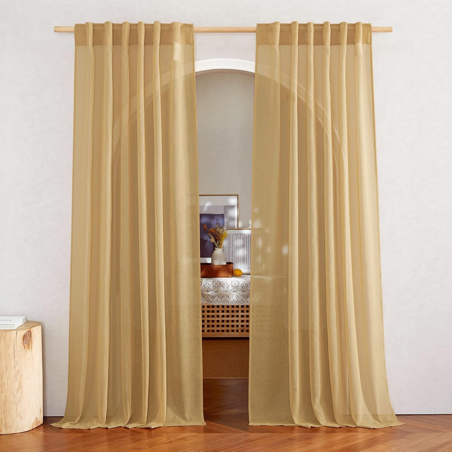 NICETOWN Sheer Linen Desert Yellow Curtains 84 inch Long for Bedroom, Rod Pocket & Back Tab Privacy Semi Sheer Light Filtering Flax Linen Window Drapes for Living Room, W52 x L84, 2 Panels